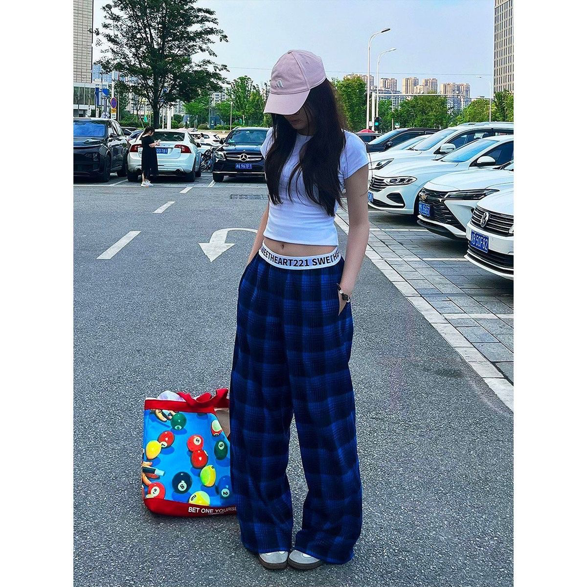 아메리칸 레트로 허리 머리 패치워크 파란색 체크무늬 바지 남녀 새로운 체크무늬 루즈핏 다용도 슬림해 보이는 스트레이트 긴 바지 트렌디