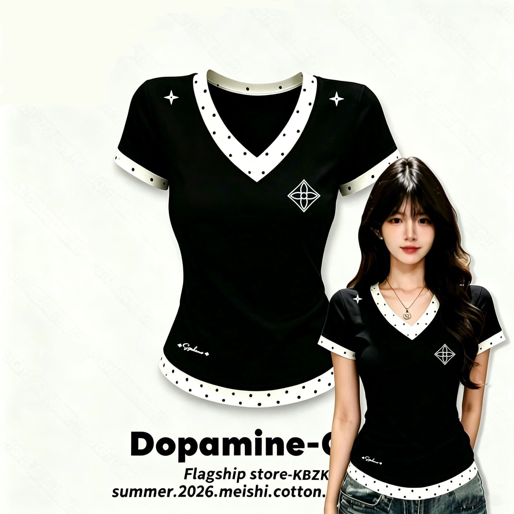 새로운 패치워크 도트 무늬 V넥 반팔 여성 검정색 작은 대중 착용 가져 가라. 여름 맨위 달콤한 차가운 일상 몸매 가꾸기 ins