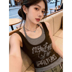批发美式拼接假两件吊带背心女夏季内搭外穿无袖t恤<b class='q'>通勤</b>高级感上衣ins