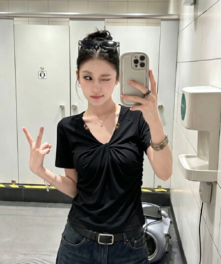 260 그램 사람들 면 모달 V넥 비틀림 비즈 긍정적 인 어깨 반팔 티셔츠 여성 몸매 가꾸기 맨위