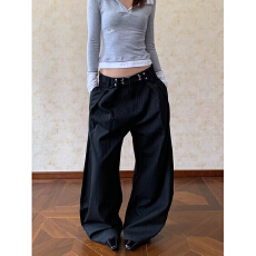批发日系复古松弛垂坠感直筒西裤男<b class='q'>女款</b>春季宽松休闲通勤条纹<b class='q'>西装</b>长裤