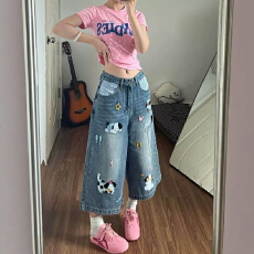 批发夏季卡通休闲七分裤水洗做旧<b class='q'>牛仔裤</b>美式复古情侣男女短裤