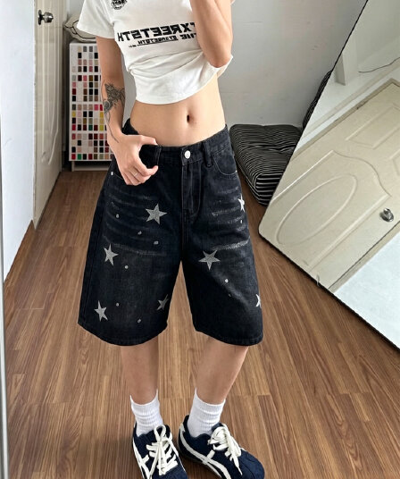 아메리칸 레트로 워싱 마 오래된 별 데님 5 점 반바지 여성 거리 스트레이트 루즈핏 슬림해 보이는 와이드 레그 팬츠 어린이
