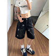 批发美式复古水洗做旧星星牛仔五分短裤女街头直筒宽松显瘦阔腿裤子