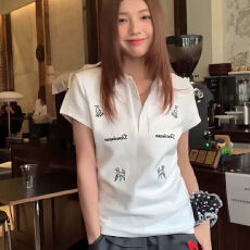 批发美式polo衫短袖t恤女新款夏季小狗印花白色正肩<b class='q'>修身</b>短款上衣