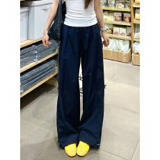 美式藏青色速干休闲工装裤女夏薄款酷飒风高腰宽松直筒阔腿运动裤