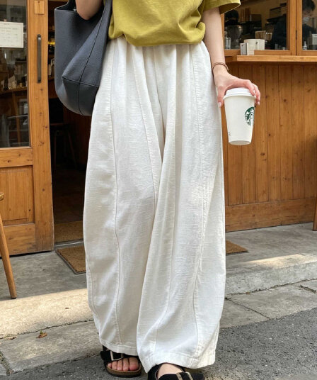 화이트 모통이 칼 와이드 레깅스 바지 여름 얇은 스타일 루즈핏 느긋한 캐주얼 바지 하이웨이스트 슬림해 보이는 캐주얼 면 린넨 풍선 바지