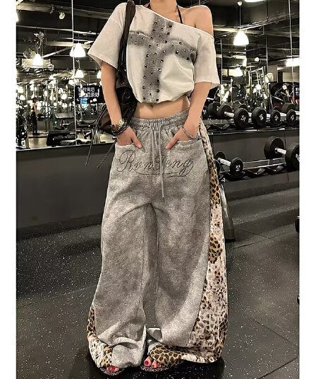 순수한 Mianhua 면 뜨거운 구슬 더러운 염색 레오파드 무늬 패치워크 노스탤지어 튀김 눈꽃 워싱 워크웨어 웨이 바지 캐주얼 운동 바지