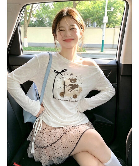 주간 실크 리브 빅 사이즈 작은 곰 프린트 여성 2026 년 여름 새로운 느긋한 바람 자외선 차단 블라우스 루즈핏 맨위