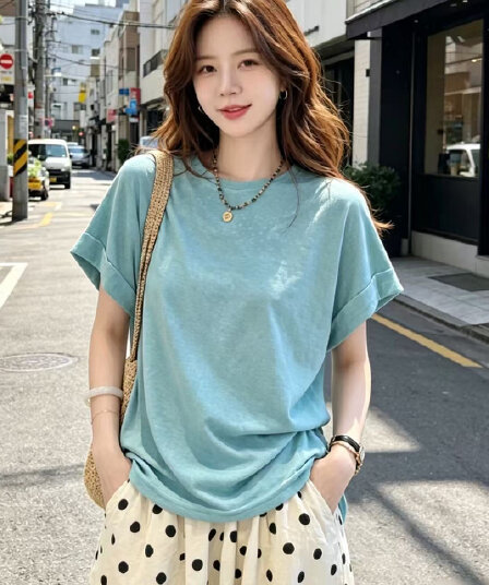 여름 ootd 착용 가져 가라. 고유 한 아름다운 작은 맨위 도파민 외국 가스 연령 감소 파란색 눈꽃 면 새로운 반팔 티셔츠