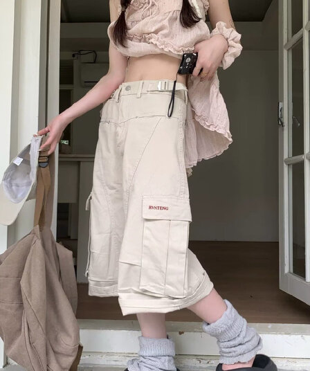 아메리칸 워크웨어 출퇴근 중성 바람 7 점 반바지 남자 넓은 다리 루즈핏 여름 주름 작은 주머니 여성용 바지