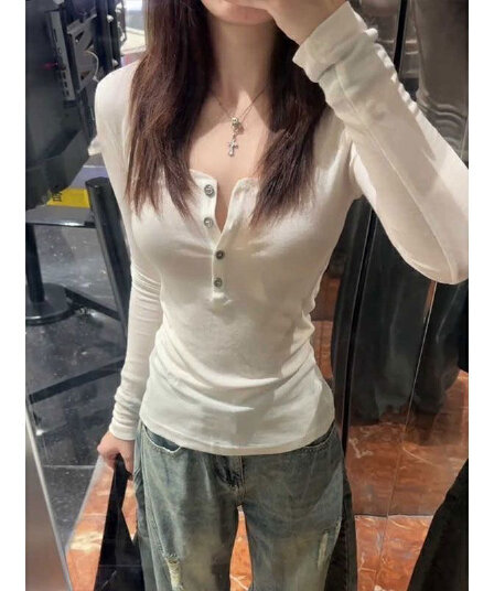 한 부서 레트로 헨리 칼라 화이트 긴팔 티셔츠 여성 봄 가을 새로운 몸매 가꾸기 슬림해 보이는 단추 디자인 센스 맨위