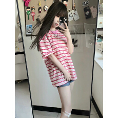 批发美式休闲潮牌十字架T恤女夏季<b class='q'>新款</b>ins潮圆领条纹宽松时尚上衣