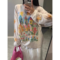 批发实价广州原版面料 彩色手绘涂鸦防晒罩衫女网纱宽松长袖<b class='q'>T</b>体恤
