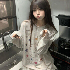 批发广州原版面料 彩色手绘涂鸦防晒罩衫女网纱宽松长袖<b class='q'>T</b>体恤女