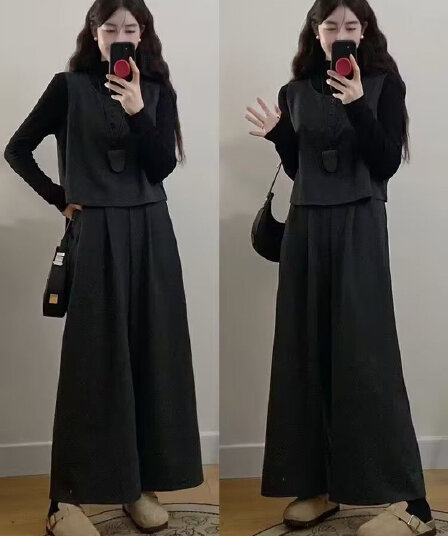 별이 빛나는 하늘 비스듬한 300 그램 패션 세트 여성 의류 가을 겨울철 미니멀리즘 모직 베스트 9 포인트 와이드 레그 팬츠 3종 세트