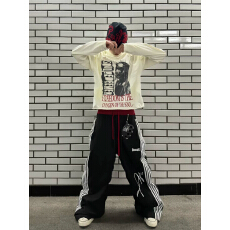 批发美式复古双腰拼色拼接阔腿裤男女设计感<b class='q'>街头</b>百搭宽松休闲运动长裤