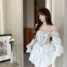 批发水墨扎染不规则连衣裙女春夏设计感小众一字肩收腰绑带宫廷蓬蓬裙