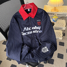 批发美式<b class='q'>街头</b>撞色翻领条纹夹克男女春秋cleanfit高街宽松飞行服外套潮