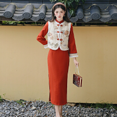 批发实拍新中式女装国风套装马甲连衣裙绝美改良旗袍新年战袍2025秋冬