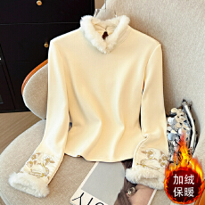 批发实拍新中式国风立领打底刺绣加绒加厚上衣日常好穿内搭