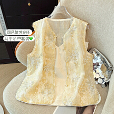 批发实拍新中式马甲女夏季新款刺绣亮片钉珠欧根纱国风衬衫薄背心套装