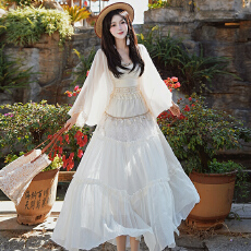 批发实拍波西米亚度假<b class='q'>连衣裙</b>仙气飘飘海边拍照<b class='q'>流苏</b>披肩三件套