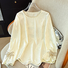 批发实拍新中式蝴蝶钉珠提花小衫上衣缎面<b class='q'>宽松</b>内搭打底国风