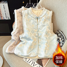 批发实拍新中式马甲年轻少女感毛毛边提花背心坎肩<b class='q'>秋</b>冬夹棉加厚国风