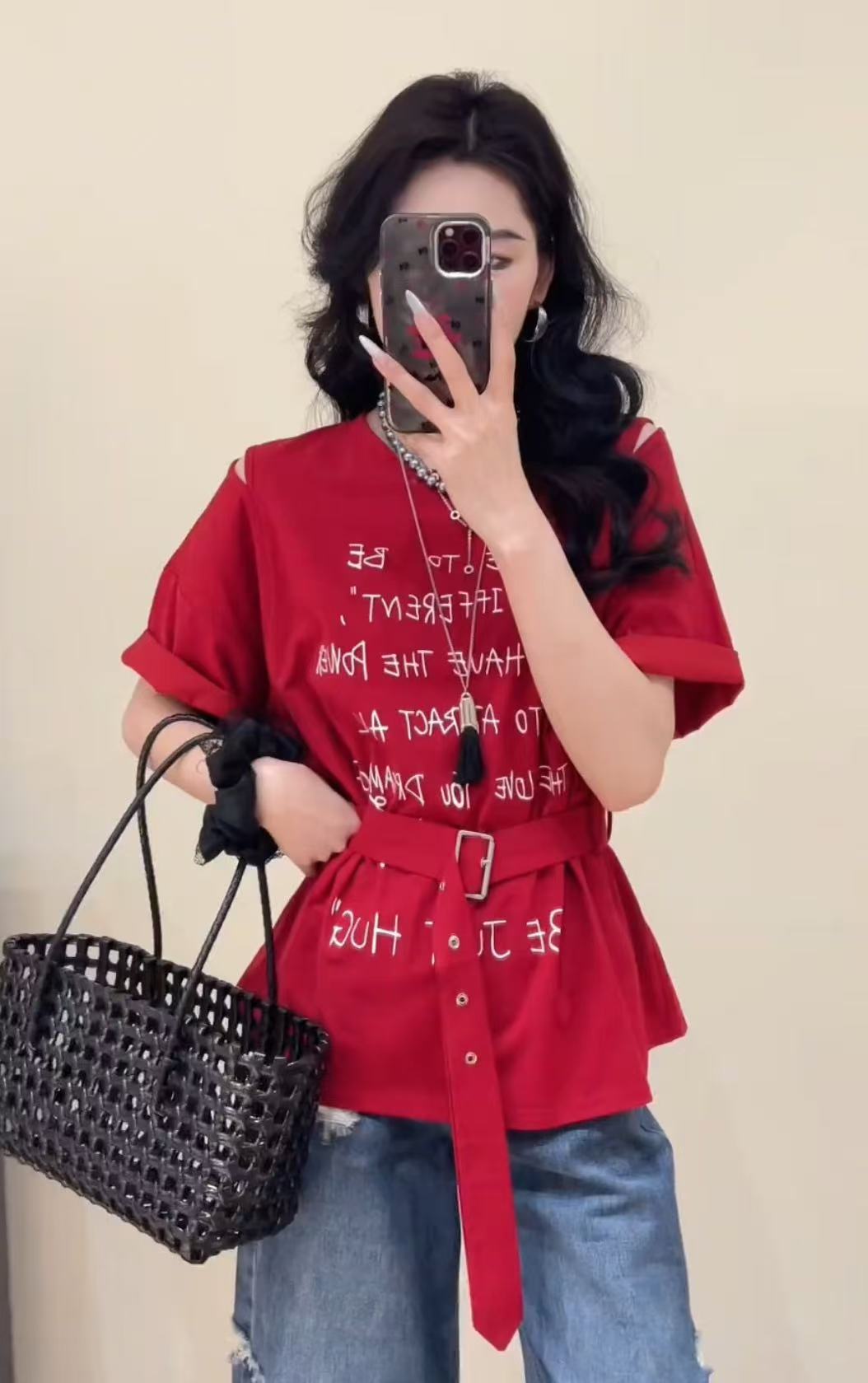 FA24025# 欧货设计感字母印花腰带款显瘦上衣t恤