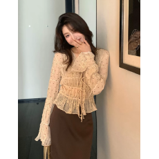 批发龍喜儿娜塔莉 赫本风v领系带褶皱<b class='q'>波点</b><b class='q'>衬衫</b>2896