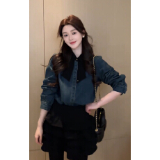 批发ZHEN.臻 复古港风翻领蝴蝶结轻职风水洗深蓝<b class='q'>牛仔</b><b class='q'>衬衫</b>