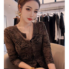 批发秋装新款美式复古豹纹V领双拉链长袖上衣女秋季薄<b class='q'>外套</b>短款