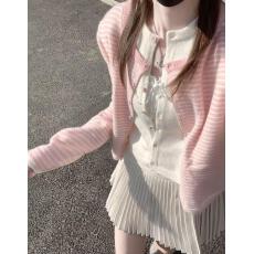 批发实拍实价 秋季新款粉色假两件条纹针织开衫背心百褶半裙套装