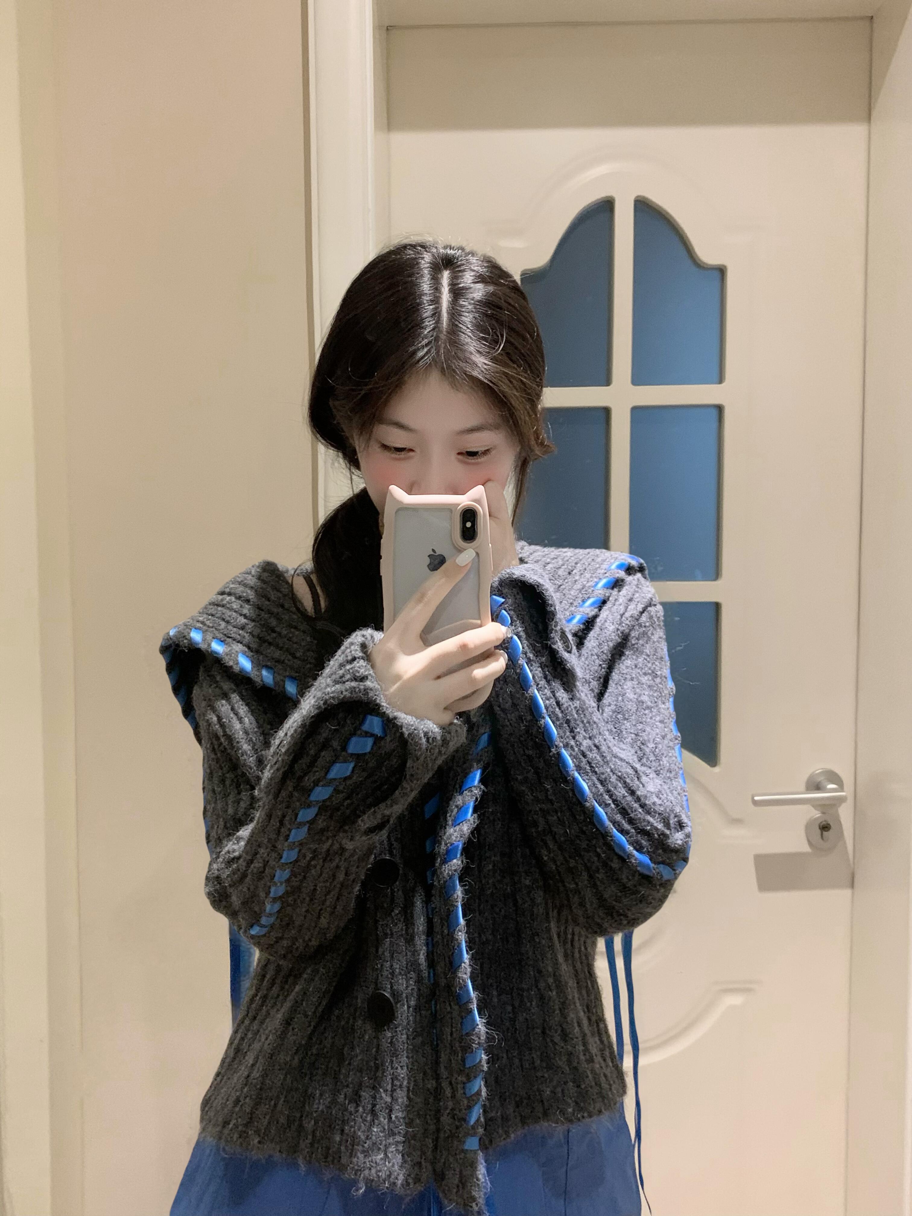 실사 정가 폴로 칼라 니트 오픈 가디건 해군 칼라 가을 루즈핏 스웨터 코트 맨위