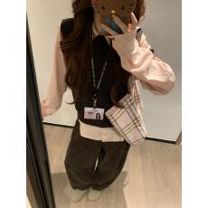 批发实拍实价 秋季新款学院风少女针织背心<b class='q'>马甲</b>粉色polo领长袖衬衫