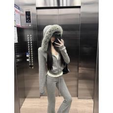 批发实拍实价 时尚毛领连帽卫衣通勤百搭拉链外套显瘦修身微喇裤套装