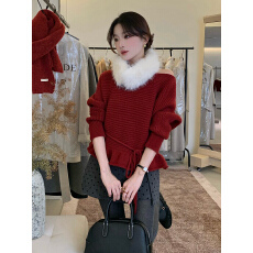 实拍实价 韩系温柔简约系带荷叶边下摆毛领围脖针织毛衣