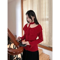 批发实拍实价 法式甜美设计感手钩花气质一字肩<b class='q'>荷叶边</b>飘带针织衫