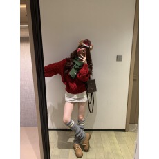 批发实拍实价 韩系慵懒风红色圆领麻花秋冬新款毛衣宽松长袖针织上衣