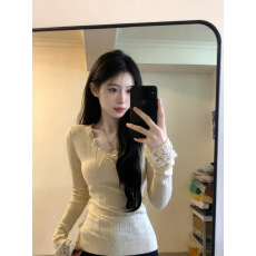 批发实拍实价 纯欲蕾丝花边长袖针织女秋<b class='q'>冬</b>季收腰内搭韩系穿搭v领打底