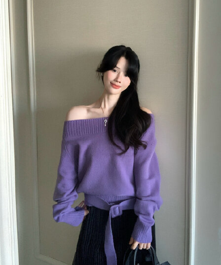 실사 정가 한 여성 디자인 센스 벨트 섹션 품격 오프숄더 느슨함 센스 풀오버