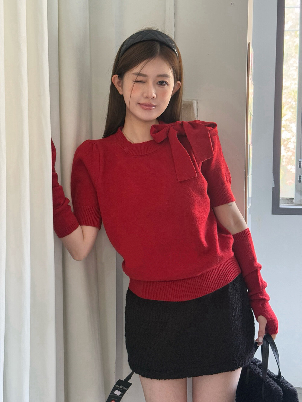 실사 정가 한 부서 나비 넥타이 반팔 라운드 넥 니트 스웨터 경기 탈착식 소매 커버