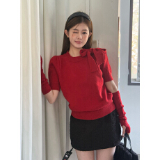 批发实拍实价 韩系蝴蝶结系带短袖圆领针织毛衣配可拆卸袖套