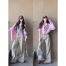 批发实拍实价 卡其色直筒阔腿<b class='q'>牛仔裤</b>拖地<b class='q'>微喇</b>裤粉色衬衫慵懒风套装