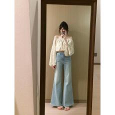 批发实拍实价 一字肩波点灯笼袖雪纺衬衫宽松微喇<b class='q'>牛仔裤</b>高腰阔腿裤