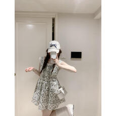 批发实拍实价 清冷印花收腰连衣裙套装显白藏青色裙子