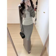 批发实拍实价 法式轻熟长袖开衫吊带<b class='q'>背心女</b>早秋直筒半身裙三件套