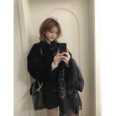实拍实价 韩系牛角扣仿羊羔毛外套宽松环保皮草大衣