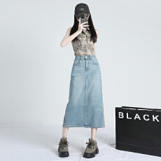 批发实拍高品质弹力学院系奶油浅蓝后开叉中长牛仔半身裙 XS-XL